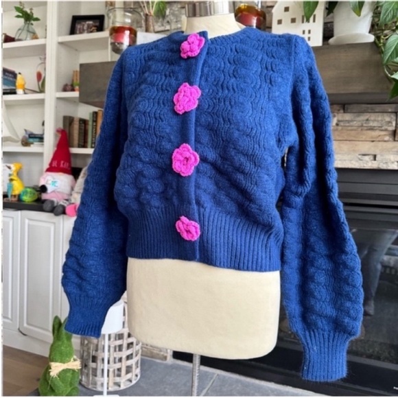Elegant Blue Cardigan with Pink Floral Details - Picture 4 of 16